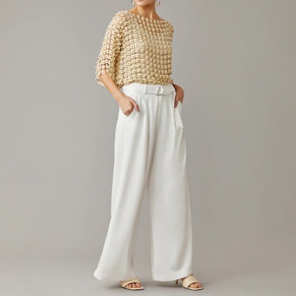 NWT Pearl Embellished Crochet Top, Gold Floral Embroidery Detail, flaw - Picture 2 of 13